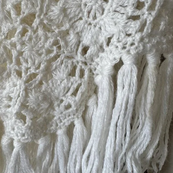 Handmade Crochet Shawl Wrap Ivory Fringe Boho Cottagecore - Picture 9 of 10